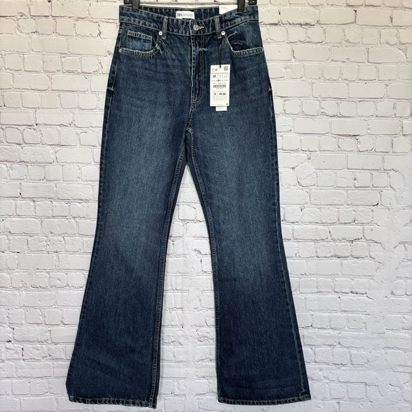 ZARA High Rise Full Length Flare Blue Jeans--6 - Picture 9 of 14